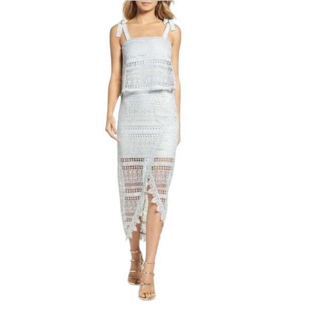 FOXIEDOX Light Blue Lace‎ Overlay Midi Dress Tie Strap High Low Hem EUC Small